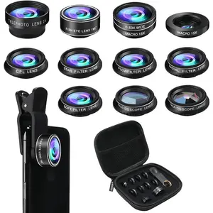 Phone Camera Lens Kit, 11 in 1 Cellphone Lens Kit for  and Android, 0.63X Wide Angle+15X Macro+ 198?Fisheye+Telephoto+CPL/Flow/Radial//Soft Filter+Kaleidoscope Lens