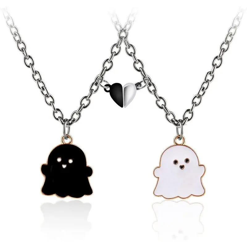 2-Piece Cute Ghost Motif Necklace Set with Magnetic Mutual Attraction Heart Charms for Couples, Best Friends - Enamel Halloween Birthday Gift