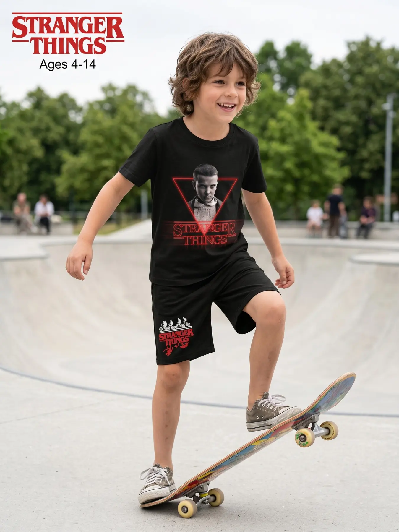 Genuine Authentic Official Licensed Stranger Things Crew Neck Boys 2 Piece Outfit, Trendy Dark Forest Horror Movie Graphic Kids Tee & Shorts Set, Skin Friendly Loose Basic Clothes Age 4-13, Home Playground Suburb Casual Summer Kids Suit
