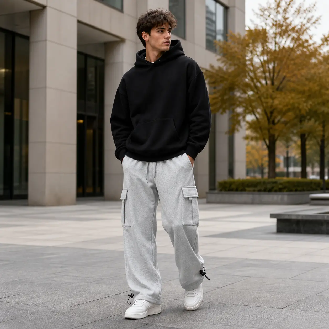 Two-piece set of men's wool-lined workwear sports pants, loose wide-leg pants, featuring a drawstring waistband, multiple pockets, and adjustable cuffs, suitable for warmth and casual wear in autumn and winter