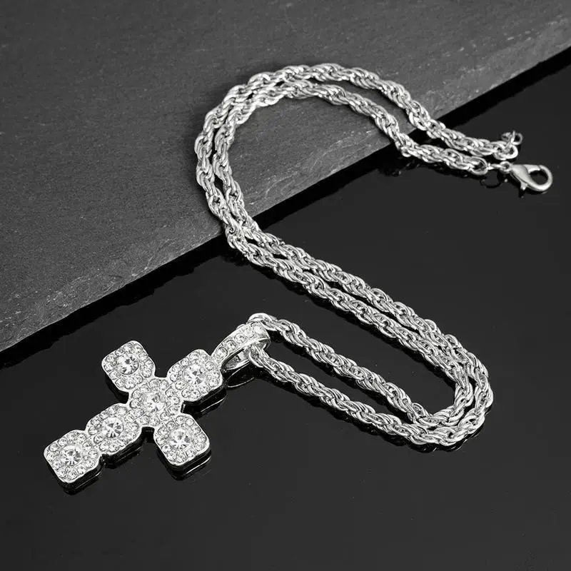 2026 Unisex Iced Rhinestone Cross Pendant Necklace, 4mm Hip Hop Tennis Chain Jewelry, Polished Link Crystal Necklace, Streetwear Fashion Accessory for Men, Daily Wear & Gift Idea tiktokshopbacktoschool