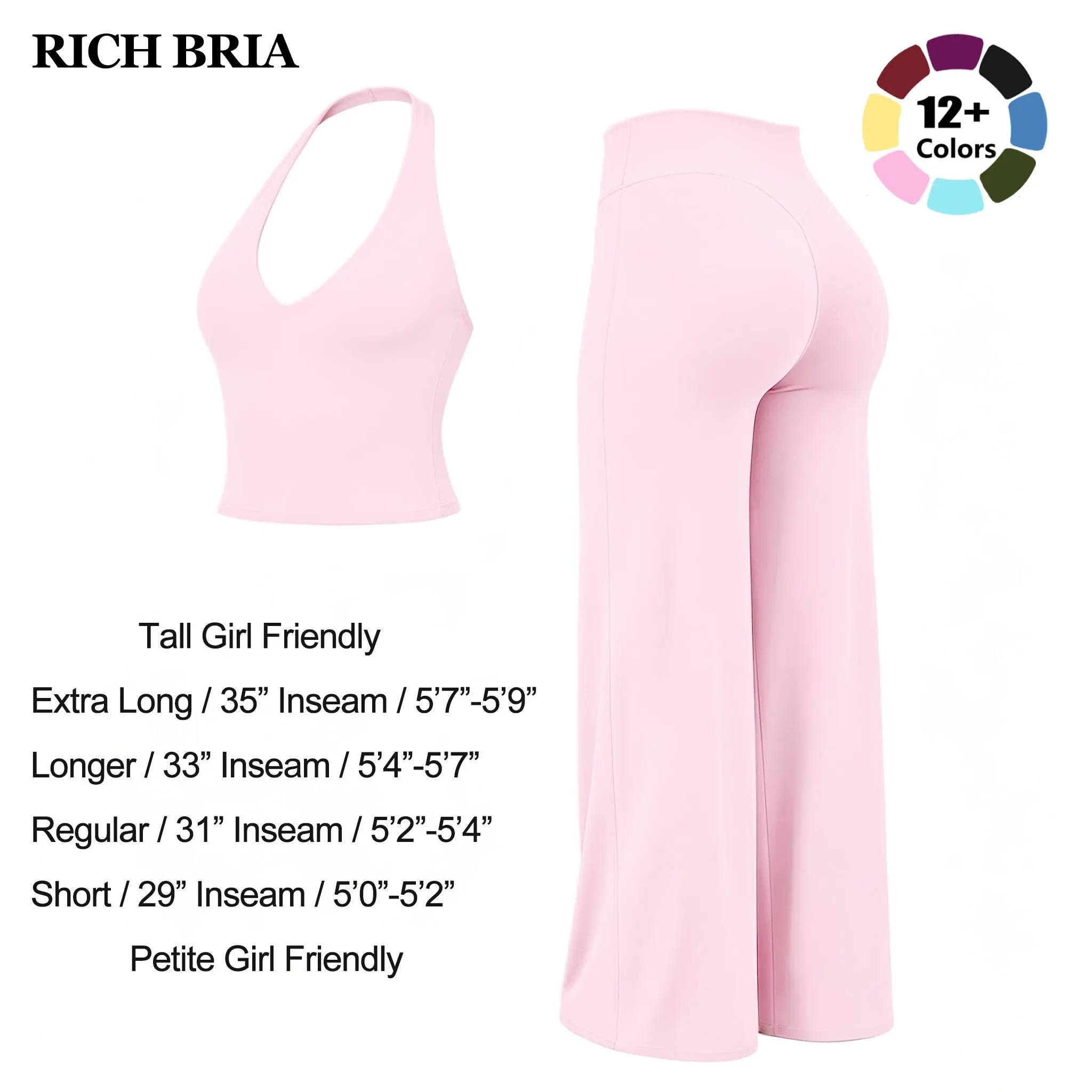 RICH BRIA Two-Piece Sporty Set Womens Solid Halter Cami Top & Flare Leg Pants Gym Sets, Casual Comfy Loungewear, Breathable Two-Piece Outfits for Yoga, Workout, Running, Soft Stretchy Daily Activewear Clothes