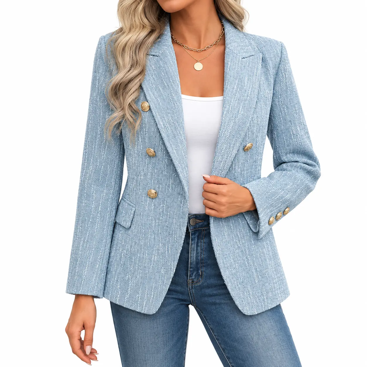 Women's Fitted Solid Textured Double-Breasted Tweed Blazer - Gold Button, Notched Lapel, Long Sleeve, Flap Pockets, Lightweight Everyday Office Work Outerwear for Meetings, Fall-Spring Commuter Skirt Pairing