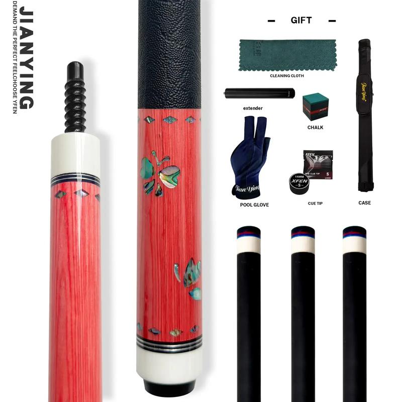 2026 new design billiard cue. Inlaying technique carbon fiber 1/2 billiard cue comes with a cue box and accessories. It features a 58 inch, 11.8mm cue tip Comes with cue case + leather tip + gloves + towel + chalk