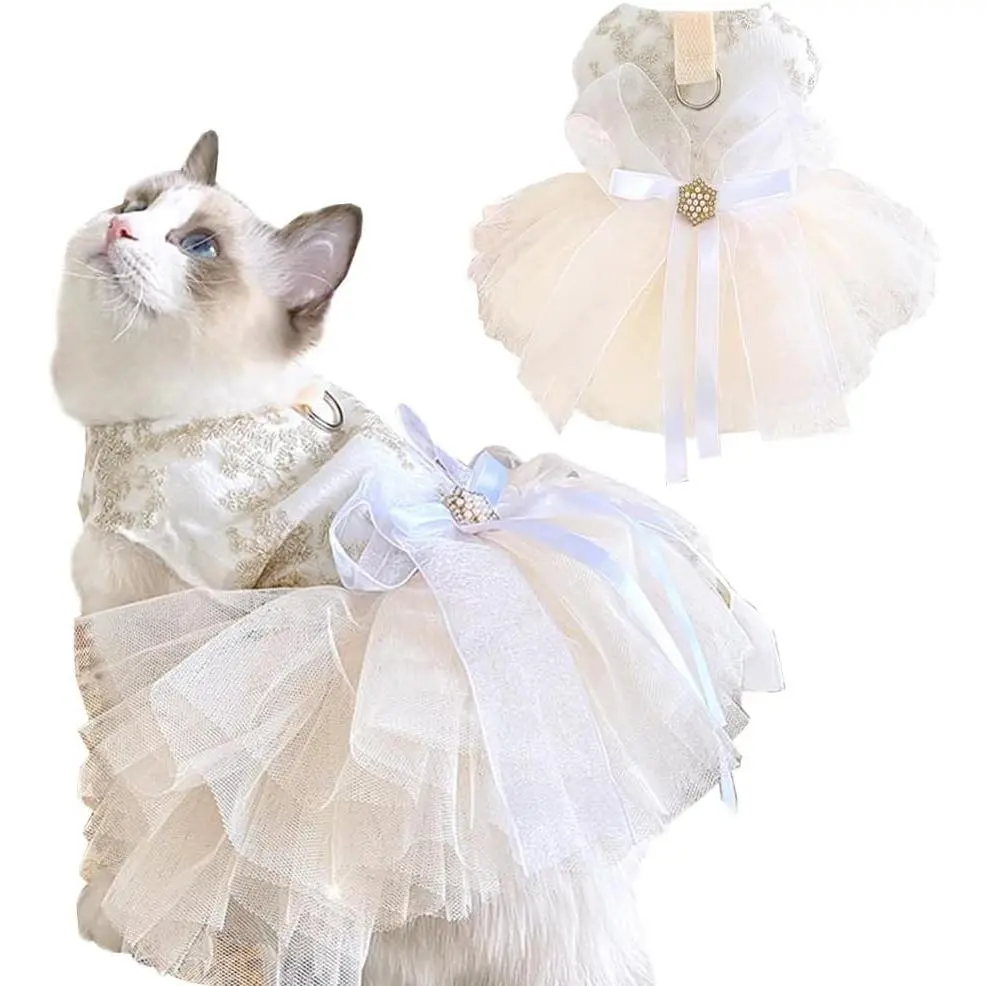 Fancy Dog Dresses with Leash Ring, Embroidered Dog Wedding Dress, Bow Puppy Clothes for Small pet Girl Multi-Layer Lace Tutu Cat Outfit for Kitten Chihuahua Yorkie, Small