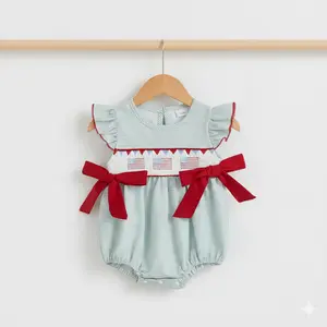 Toddler Girls Striped American Flag Romper - Ruffle Shoulder Baby Summer  with Red Bows 4th of July Romper Striped Embroidery Smocked Ruffled Trim Flying Sleeve Newborn Jumpsuit