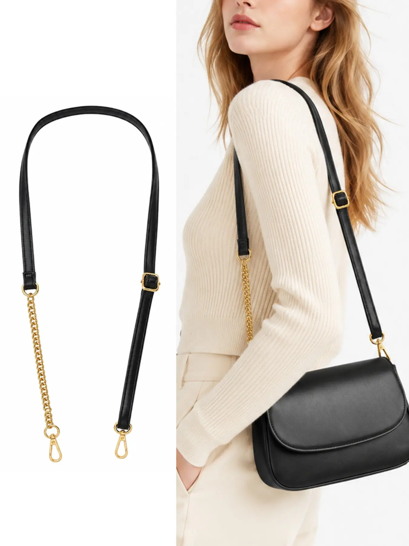 Purse Strap Replacement Chain Shoulder Strap, Adjustable PU Leather Crossbody Bag Strap for Women’s Bags