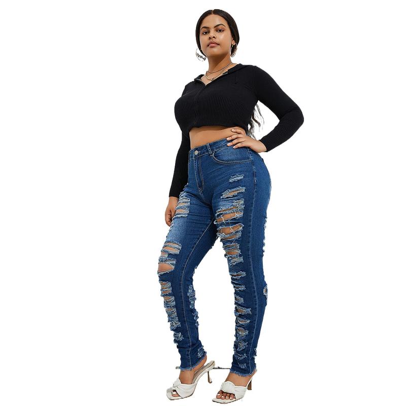 Women's Plus Size Stretchy Skinny  jeans in black Ripped Distressed Denim, Basic Style Ankle-Length Denim Pants