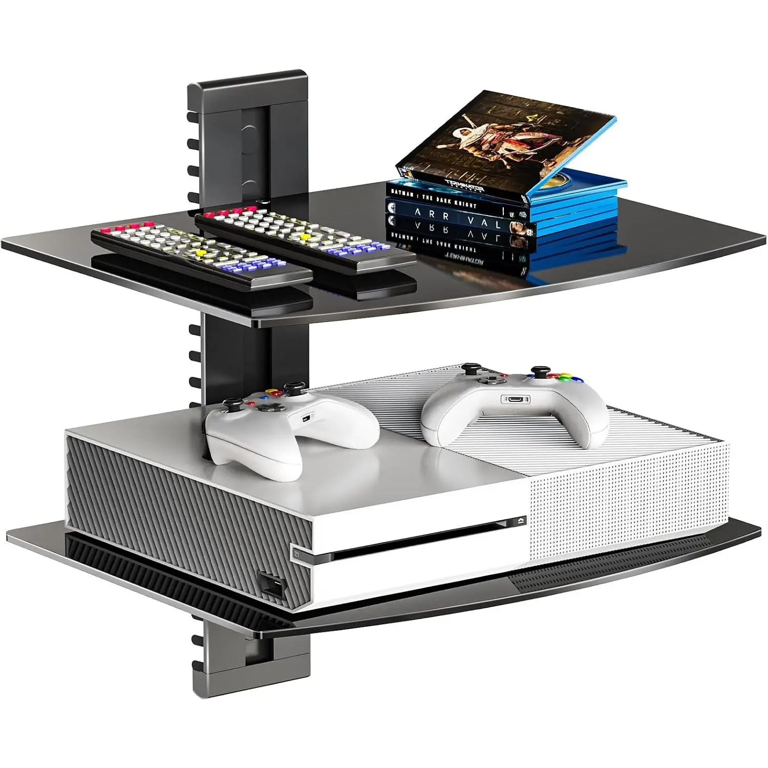 Floating TV Shelf, 2 Tier Glass Projector Shelf for DVD Players, Routers, Game Consoles, Cable Boxes, Living Room Decor, Wall Mount Shelves Hold Up to 17.6lbs (CS202B), 2-Shelf, Black
