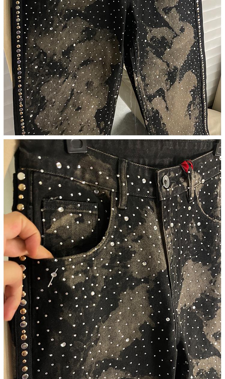 Parisian Sle Heavy Du Rhinestone Rivet Denim Jeans Loose Straight Leg Wide Leg Pants ex American Retro Trendy Brand