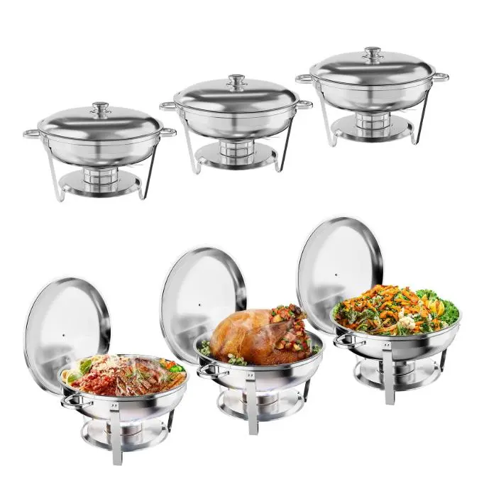Garvee Dish Buffet Set of 6 Pack, Round Stainless Steel Food Warmers Buffet Servers Sets with Food & Water Pan, Lid, Frame, Fuel Holder for Catering and Parties