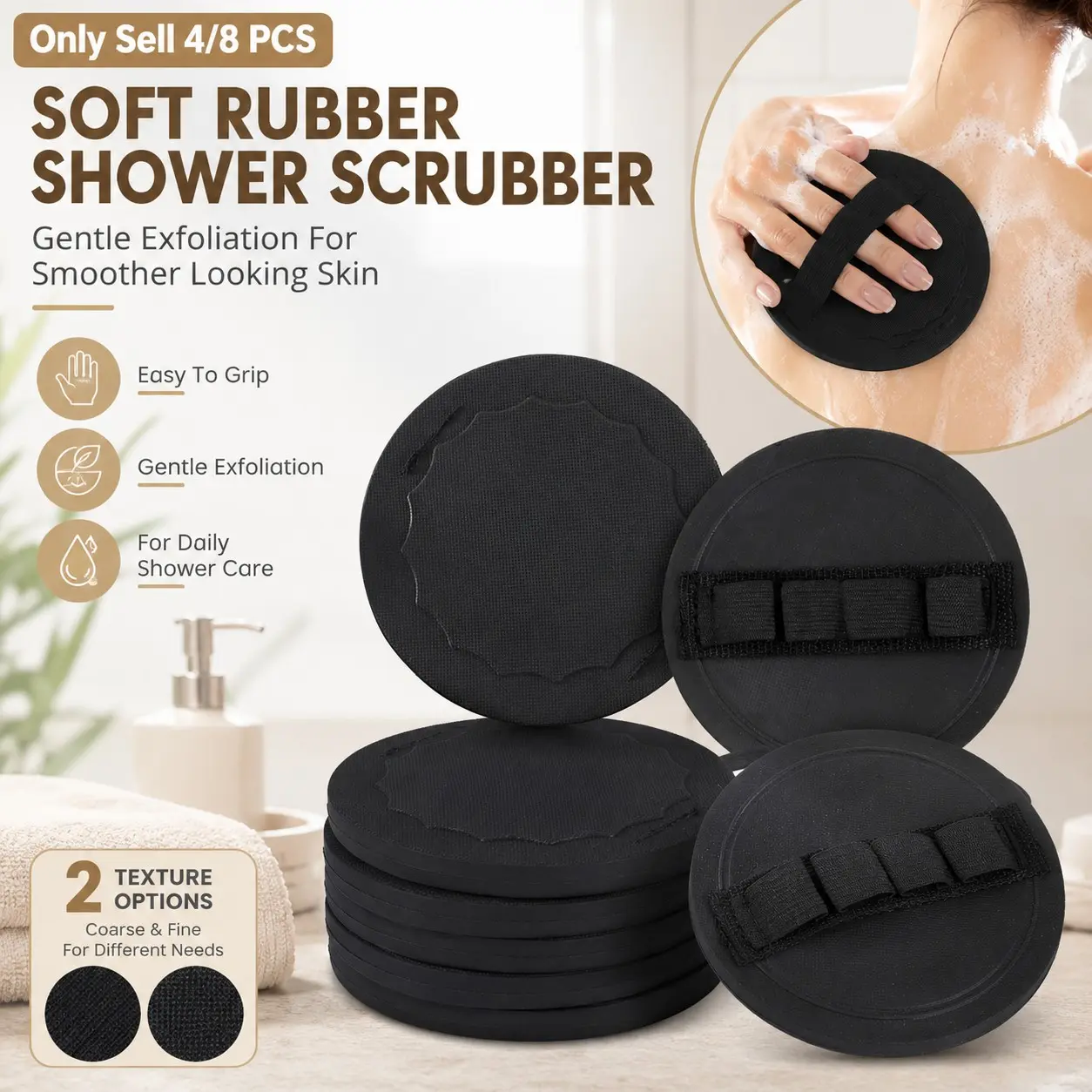 4/8 PCS Soft Rubber Shower Scrubber, Premium Exfoliating Gloves For Body, Gentle Deep Cleansing Smooth Bath Tool With Hand Strap, Painless Remover Dead Skin Rubber Shower Scrubber, Round Scrub Pad for Arms, Legs, Back, For Daily Shower And Bathroom Use