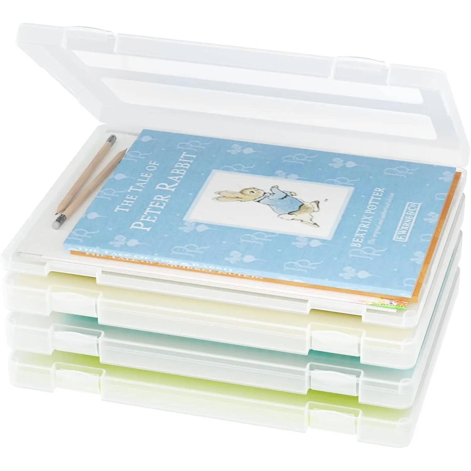 4-Pack A4 Plastic Paper Organizer Box, Scrapbook Storage for 8.5” x 11” Letter Papers, Portable Document Holder, Photo Storage Box Sticker Art Supplies Organizers, 12.2” x 8.9” x 0.7” Inner Size