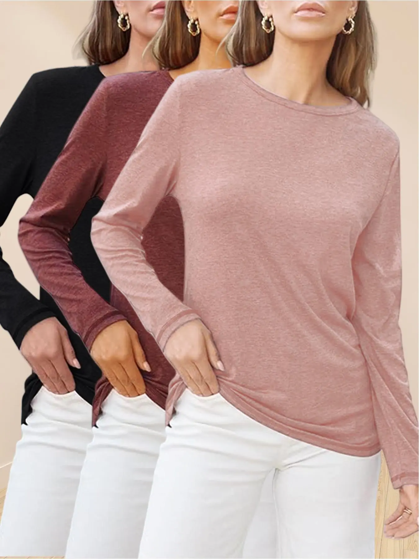 Women's Casual Round Neck Long Sleeve Top Set, Plain Color Knitted Sweater, Versatile Fall & Winter Fashion, 3 Piece