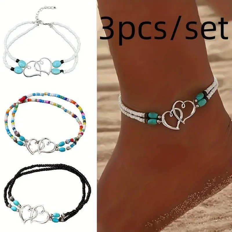 3-Piece Boho Alloy Beaded Anklet Set With Heart Charms, Beach & Outdoor Foot Jewelry
