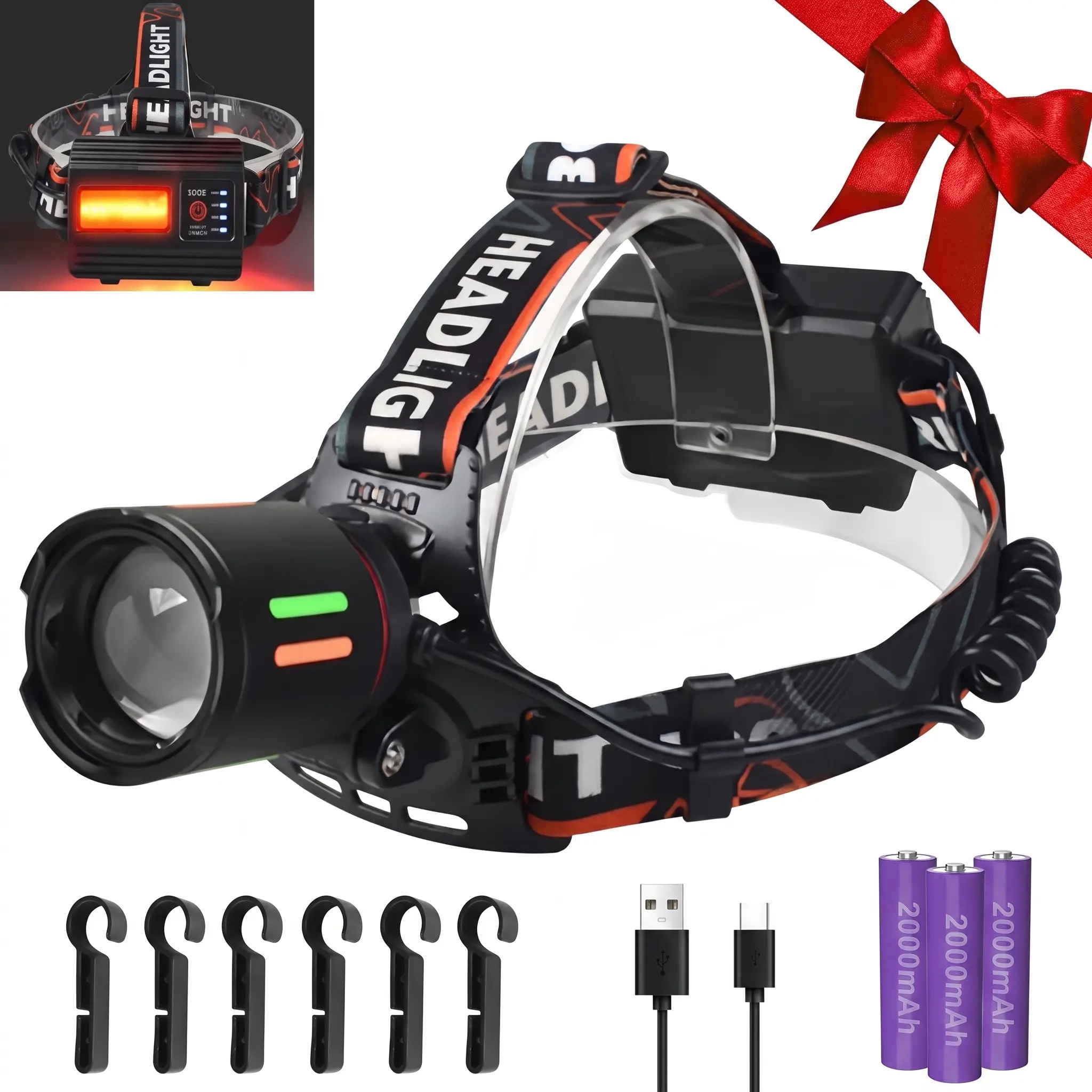 SKYWOLFEYE F631 Rechargeable LED Headlamp Flashlight High Lumen with COB Tail Light, 6000mAh Power Bank, Type-C Fast Charge, Telescopic Zoom for Camping Essentials, Outdoor Adventure, Night Running, Cycling and Work
