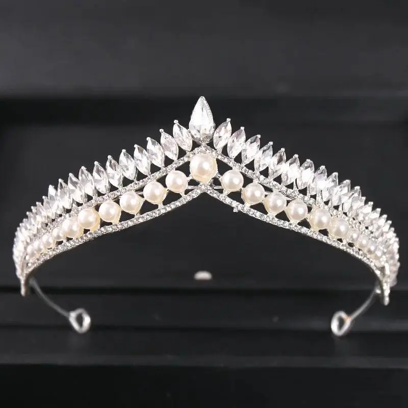 Silver Color Crystal Pearl Crown Tiara Luxury Rhinestone Prom Diadem Crown Women Bridal Wedding Hair Accessories Jewelry Crown