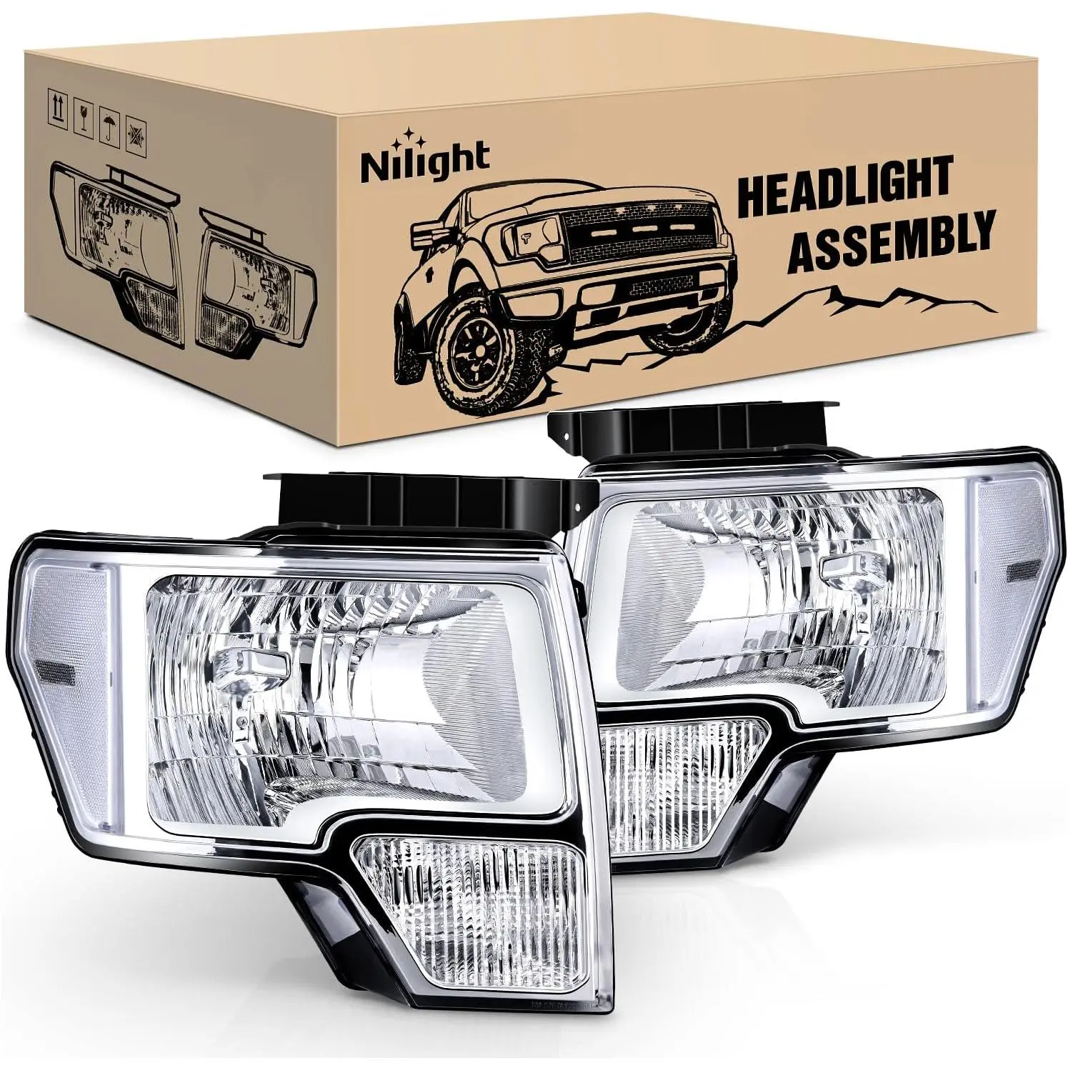 Nilight Car Headlights Assembly, 2009-2014 F150 Chrome Housing Clear Corner Clear Lens Headlamp Replacement, 2-Pack Driver and Passenger Side