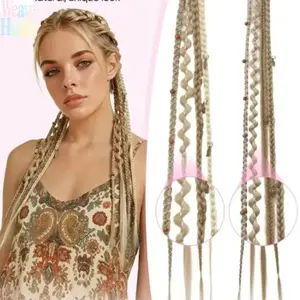 Summervibes 2Pcs 20 Inch Clip In Braided Hair Extensions, Boho Handmade Beaded Dreadlock Hair Pieces, Soft Synthetic Easy Wear Hair Accessories for Daily Cosplay & Party Hairstyling