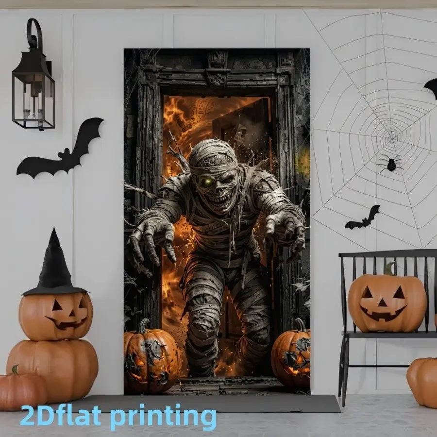 Halloween Mummy Door Banner, Horror Monster Pumpkin Print, Party Background Decor, Polyester Material, Spooky Festival Atmosphere