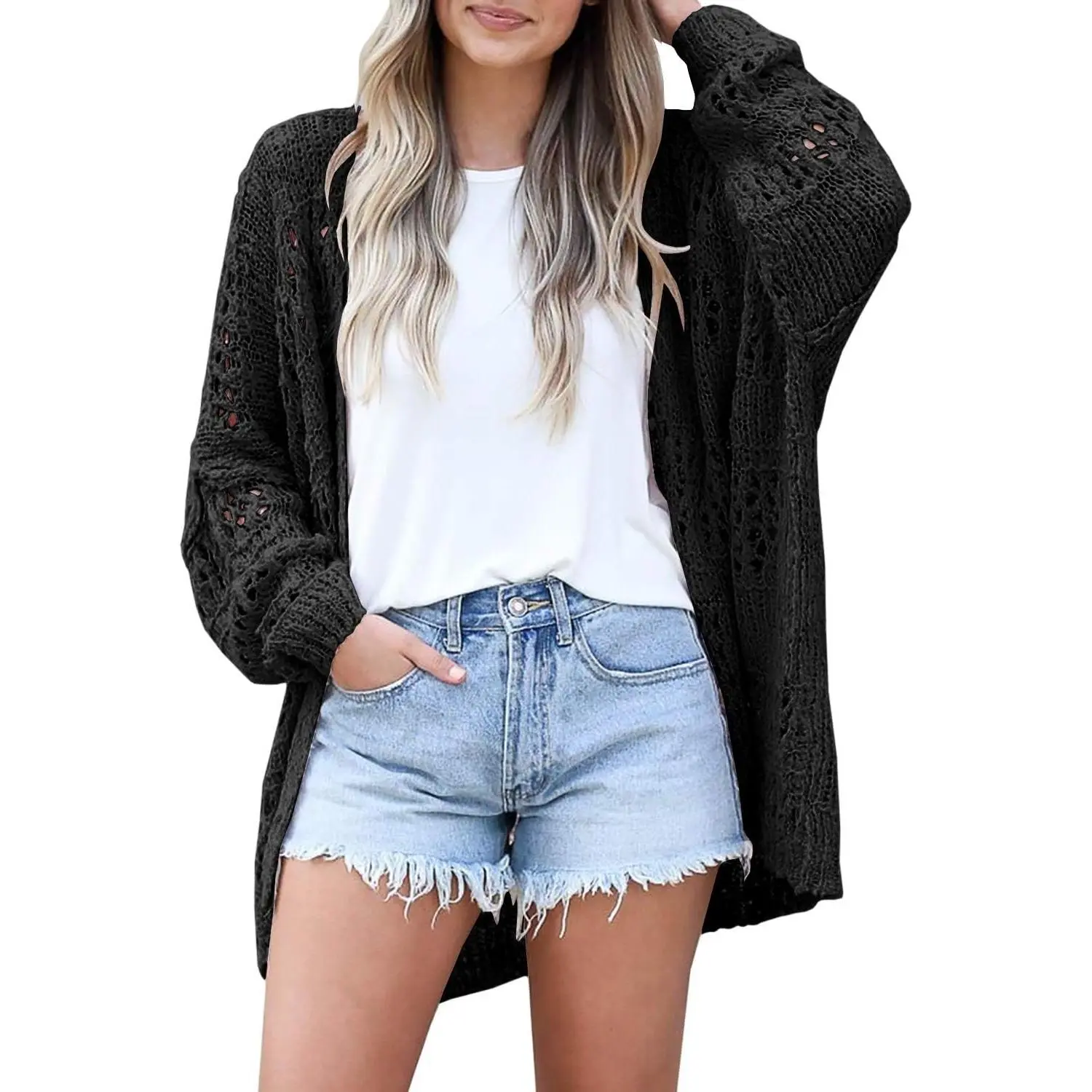 Women's Crochet Cardigan Kimono Boho Long Sleeve Lightweight Soft Oversized Open Front Knitted Sweater