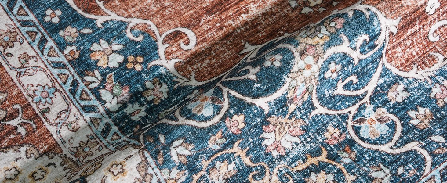 2x6 Washable Hallway Runner Rug:Oriental Indoor Rugs Vintage Door Mat Non Slip with Backing Low Pile Thin Carpet for Bedroom Living Room Bedside (2x6 Brick/Blue)