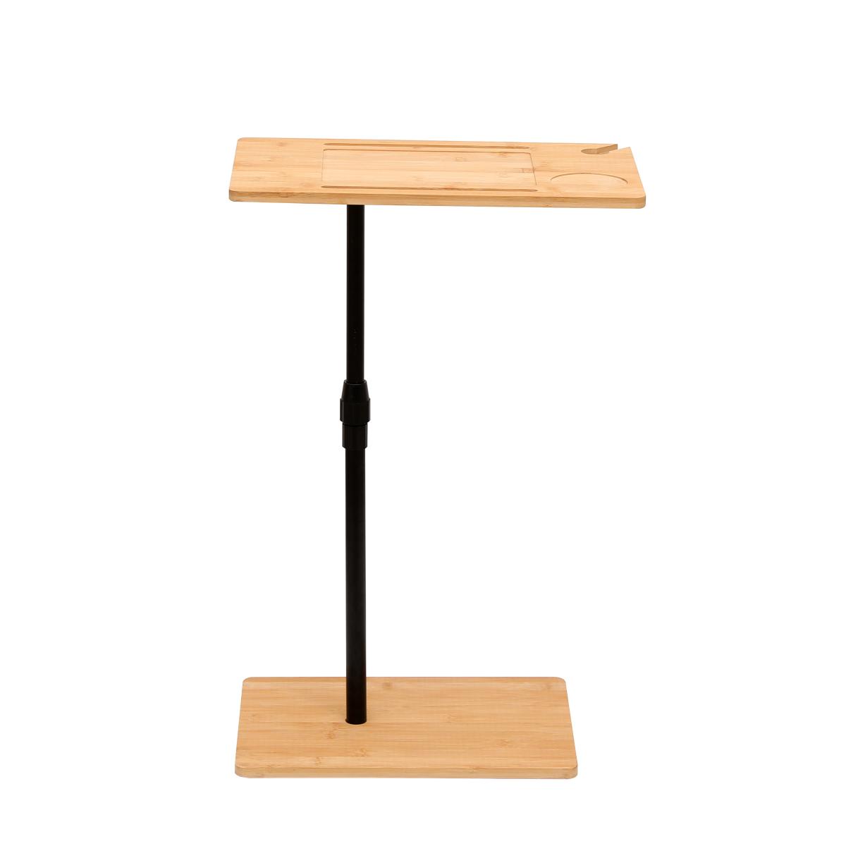 Bamboo C-Shaped Couch Tray Table, Height Adjustable Side Table with Slots & Storage Shelf, 2-Tier Sofa End Table for Living Room Bedroom