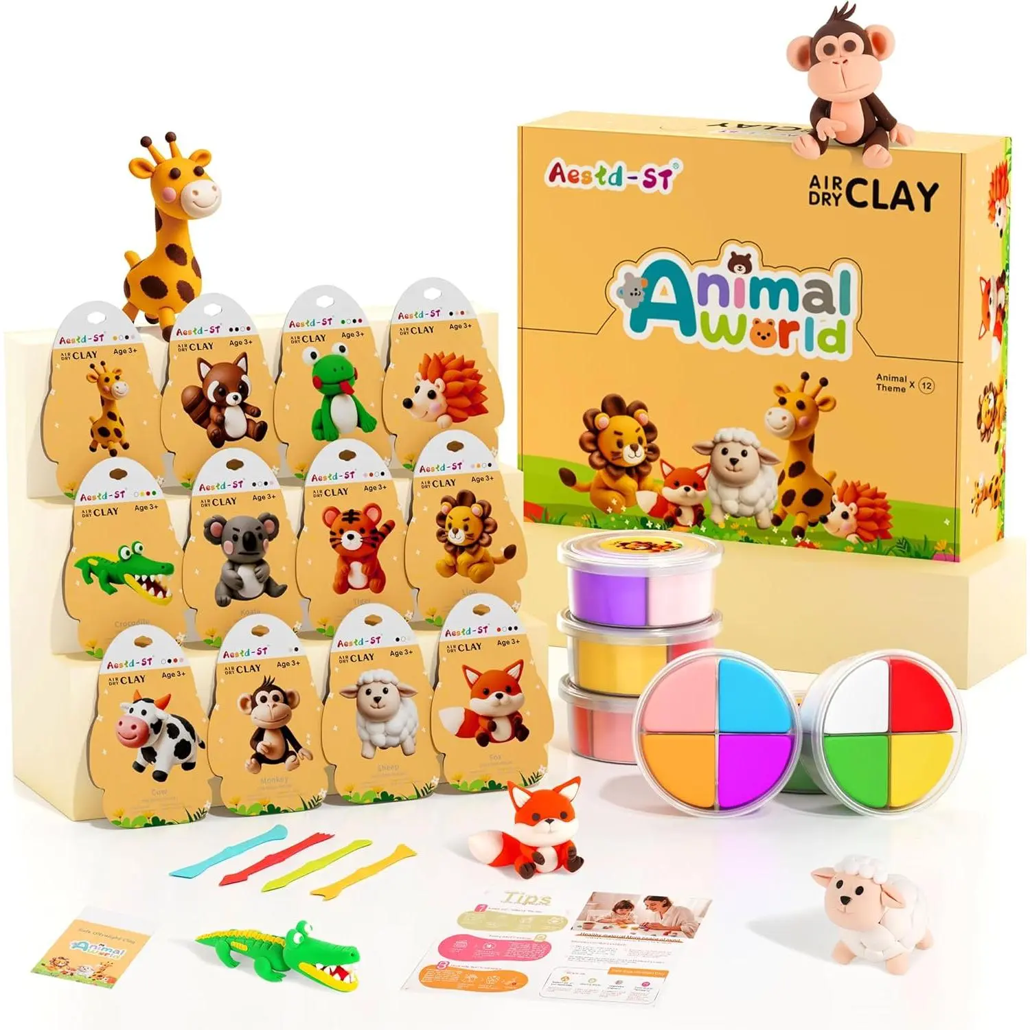 Air Dry Clay Kit Animal Theme, Modeling Clay for Kids, DIY Magic Clay with Sculpting Tools and Tutorials, 12 Boxes Molding Clay, Soft & Non-icky, Arts and Crafts Gift for Kids