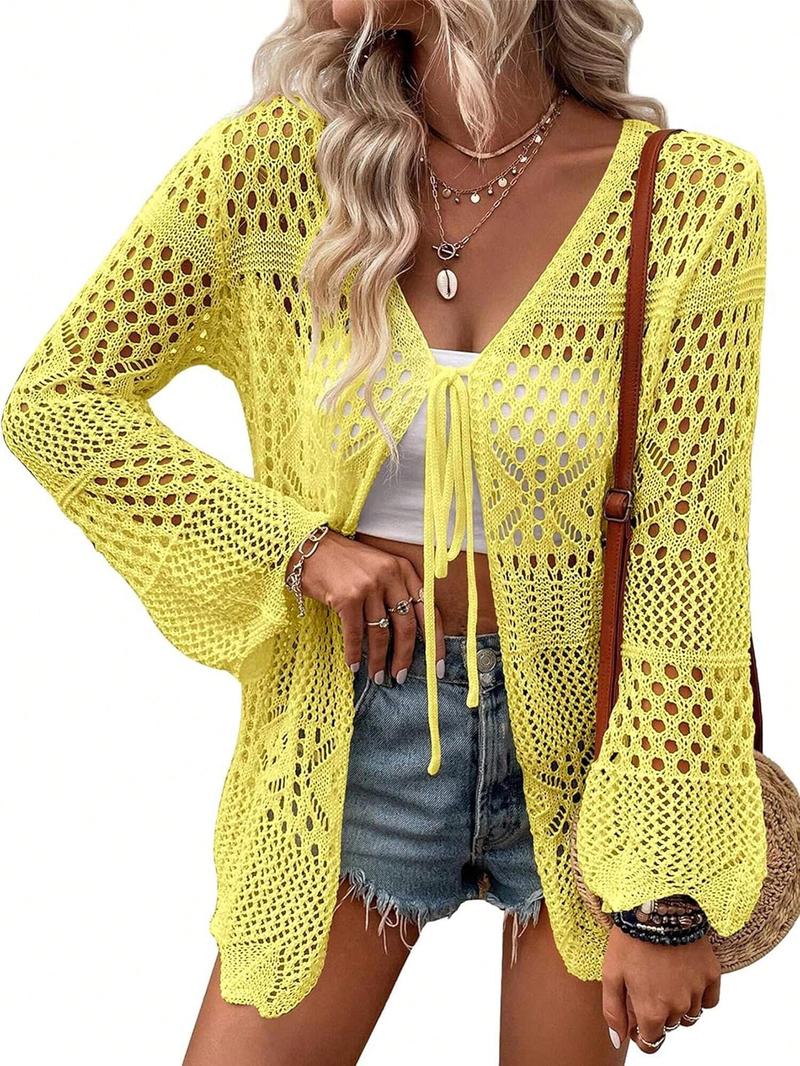 Women's Solid Color Hollow Out Crochet Cardigan, Lady Casual Long Sleeve Tie Front Knitwear for Summer, Fashion Women's Knit Clothing for Beach Vacation, Womenswear, Cardigan Sweater, Longsleeves Clothes for Women, Relaxed Fit Cardigan