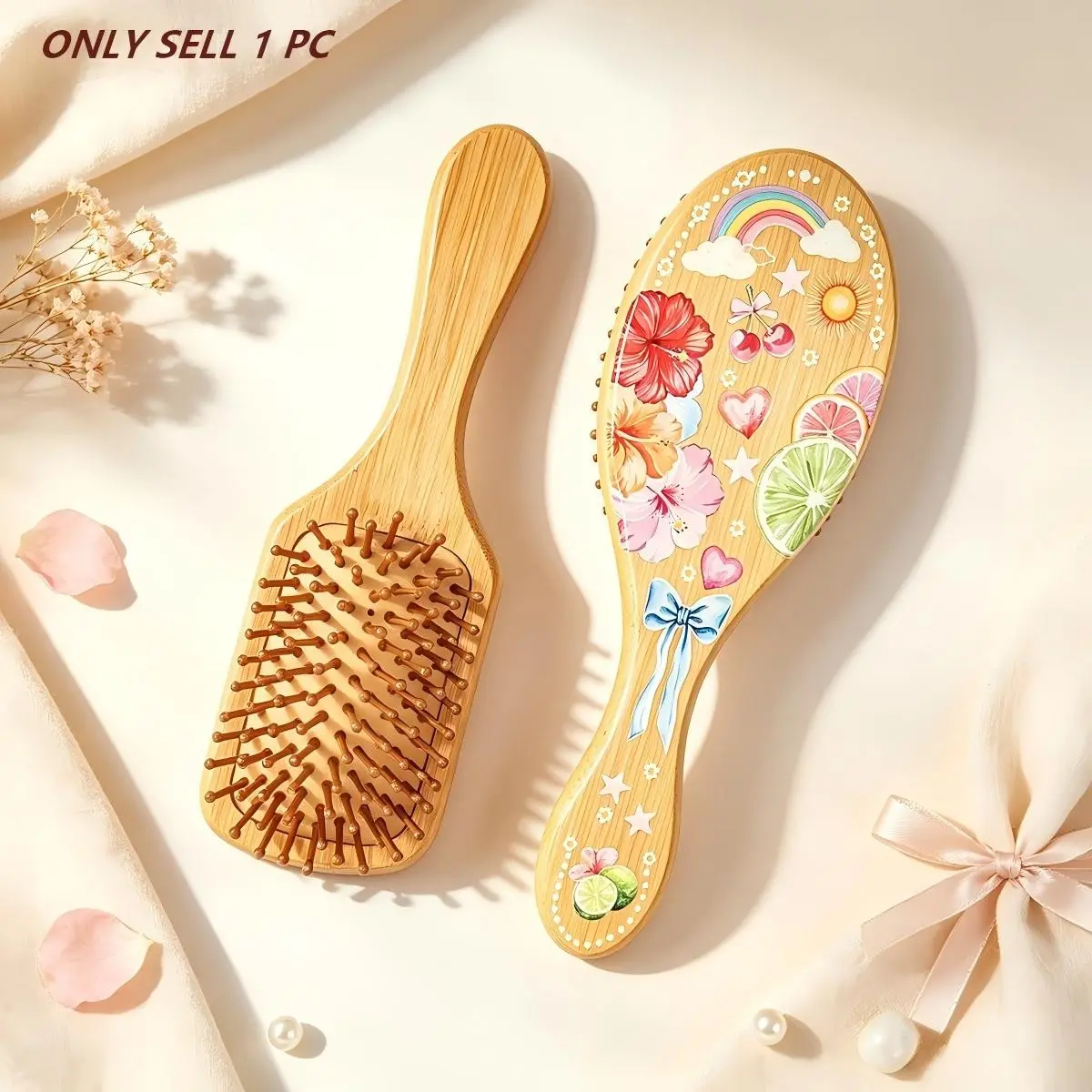 Natural Bamboo Cushion Comb, Square/circular Tropical Fruit Rainbow Print, Lightweight Daily Hair Tool, Comfortable Grip, Ideal for All Hair Types, Hair Care Comb
