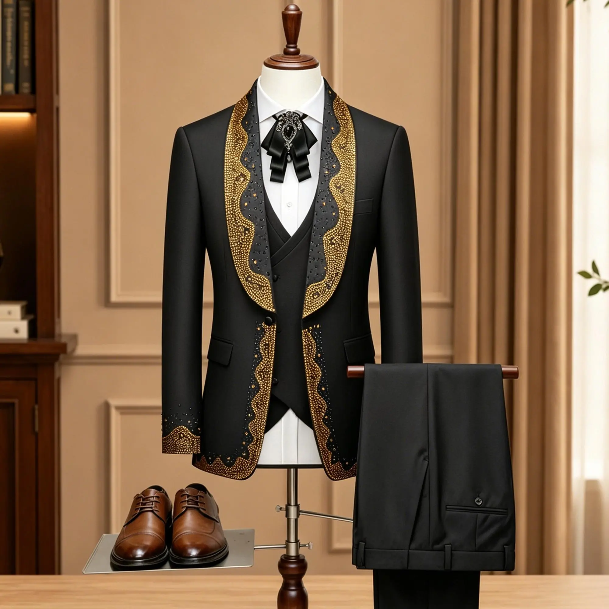 Men's Slim Fit Gold-Embellished 5-Piece Formal Wear Suit - Shawl Collar Blazer, Vest, Tie, Trouser & Pocket for Prom, Evening Events, Body-Fit Men's Suits, Navy, Menswear, Smooth, Matching, Tuxedo, Fabric, Rhinestones, Fitted