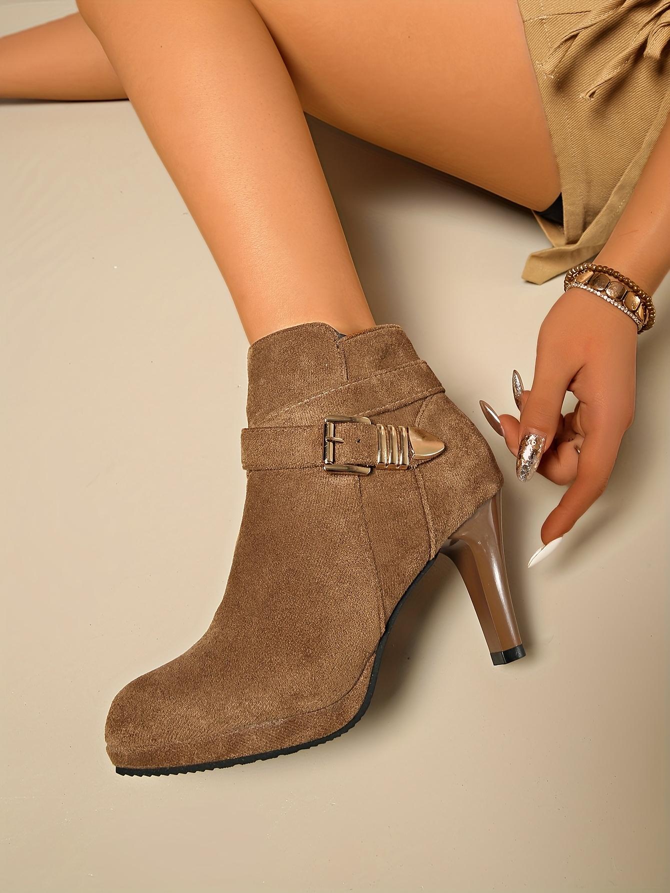 A Pair of Women's High Quality Platform Chunky Heel Side Zipper High-Heeled Ankle Booties, Women Shoes