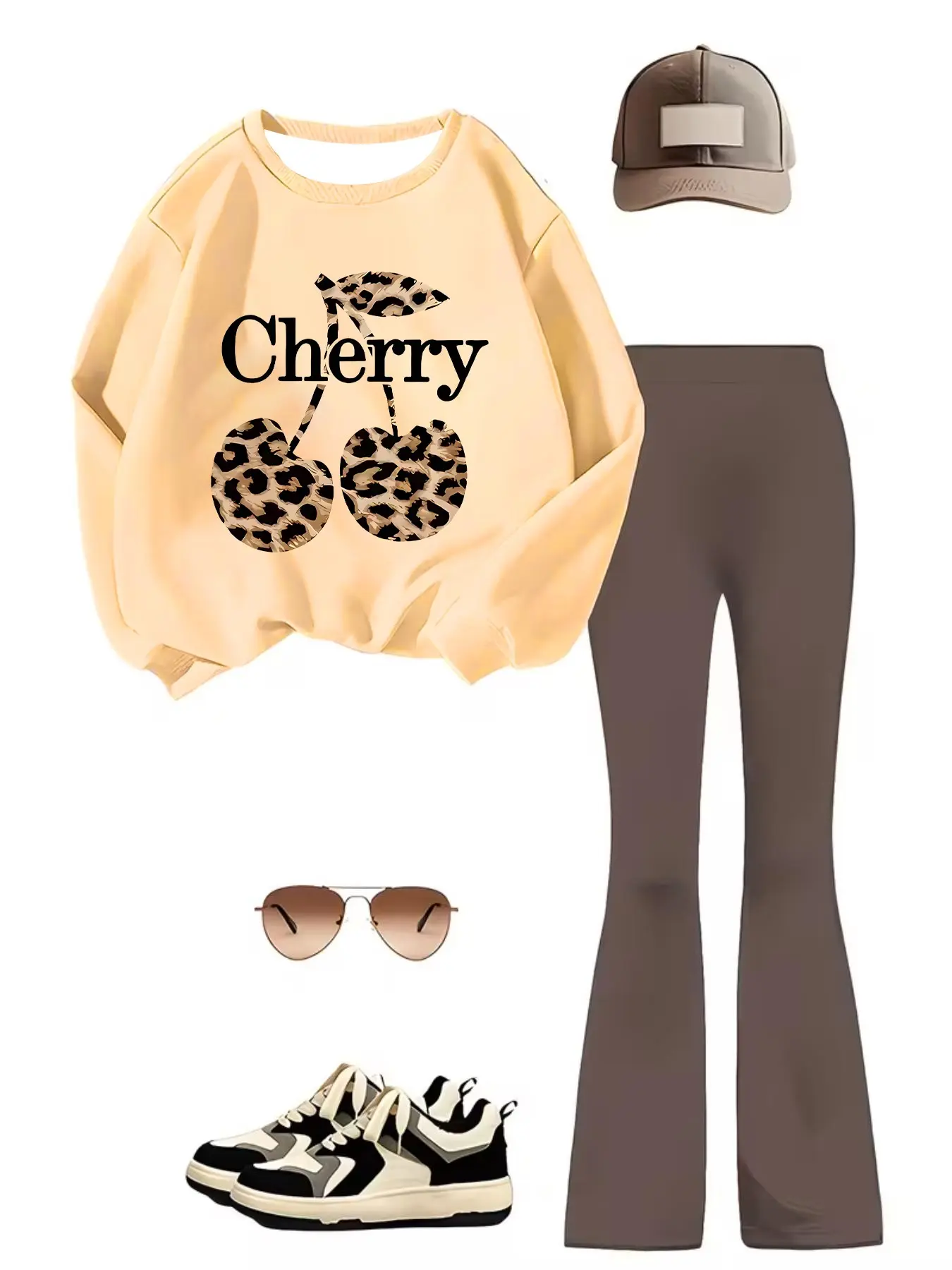 Girls' Cherry and Leopard Print Fashion Set, Comfortable Polyester Long Sleeve Sweatshirt with Bell Pants, Fall Winter