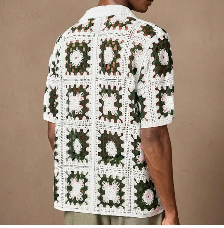 Kyn Apparel Summer Men Knitted Hollow Out Polo Shirt Fashion Short Sleeve Cardigan Tops French Retro Ethnic Premium Crochet Knitting Shirts