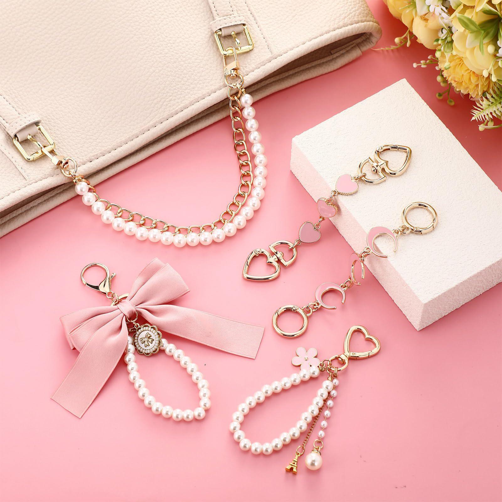 5 Pcs Bag Extender Chain Gold Pearl Purse Chain Ribbon Bow Keychain Extender Bag Strap Purse Charms Accessories for Handbag Y2K Aesthetic Bag Accessories Bag Charm Keychain Accessory Gifts for Women keychains for women