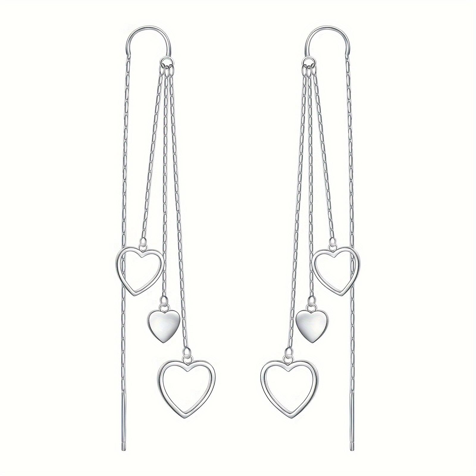 Sterling Silver Threaded Earrings Heart Tassel Dangle Drop Long Chain Earrings Jewelry Gifts For Women