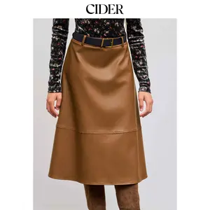 Cider [size 2-26] Faux Leather Mid Rise Solid Midi Skirt With Belt