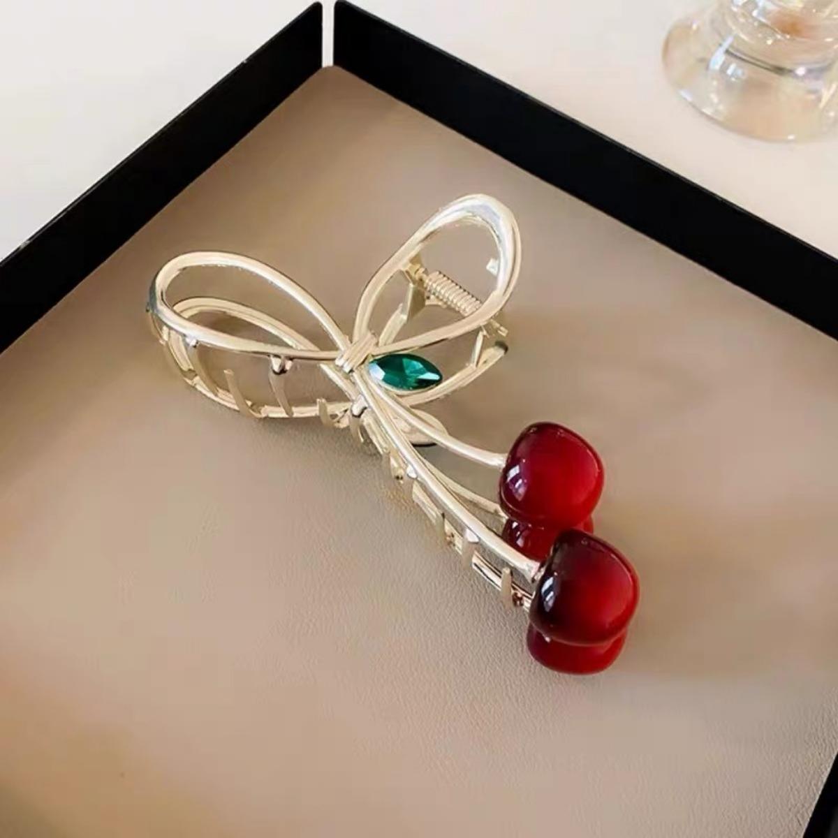 AWAYTR 2Pcs/Set Elegant Cherry Hair Claw Clips for Thick or Thin Hair Alloy Hair Clips Shark Clips Women's Fashion Hair Accessorie