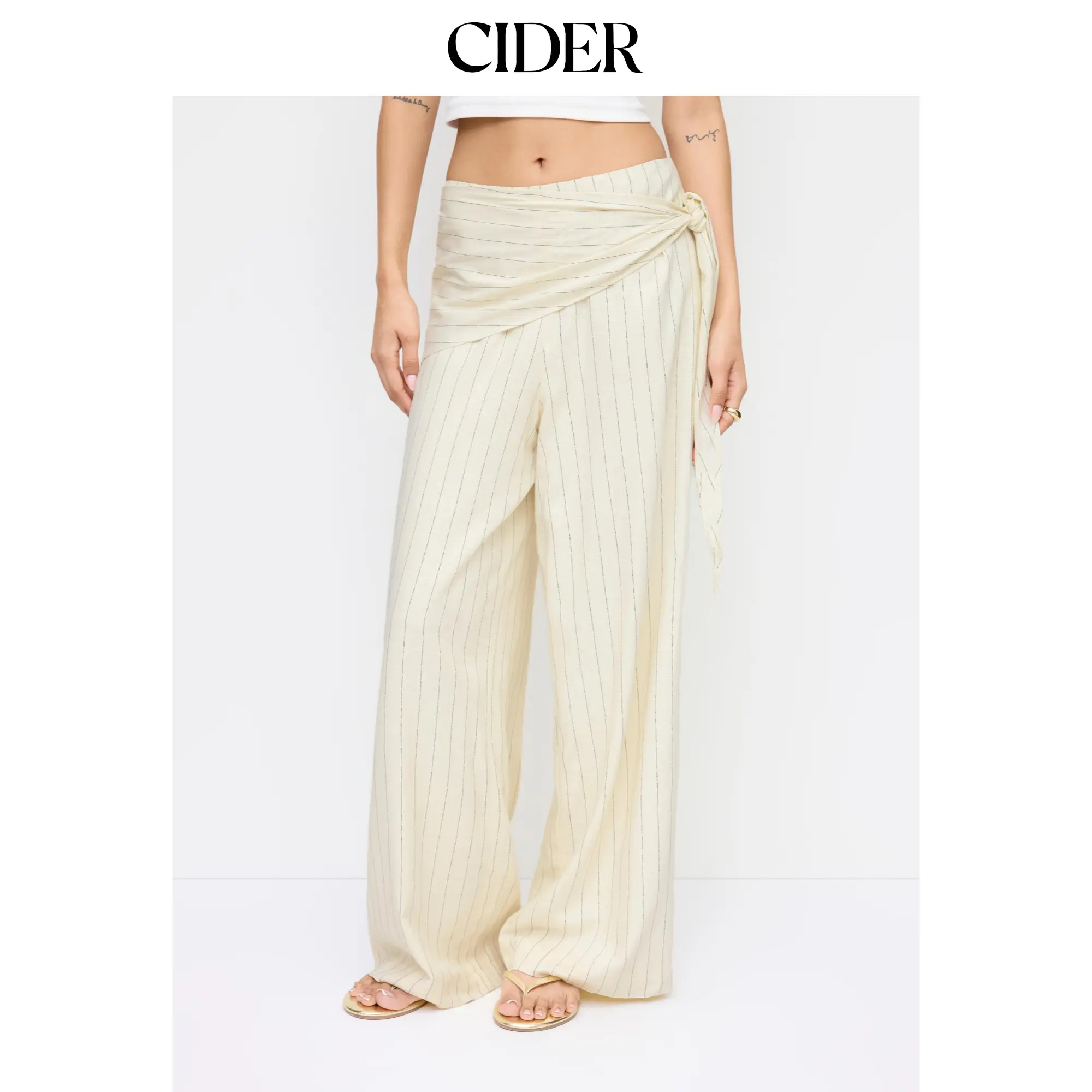 Cider Linen-blend Striped Mid Rise Wide Leg Trousers With Wrap Waist Scarf
