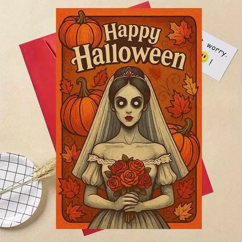Spooky Halloween Greeting Card, Gothic Bride and Pumpkins Design, Perfect for Friends and Family, Autumn Celebrations, Haunted Party Invitations