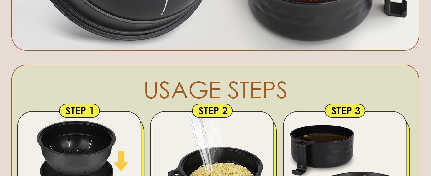 Ramen Bowl Set, Ramen Cooker 33 oz, Ramen Bowls with Chopsticks and Spoon, Microwave Pasta Cooker, College Dorm Essentials for Girls Guys (Black)