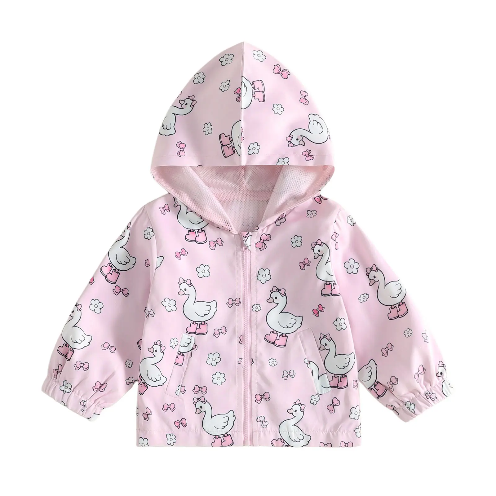 Canrulo Toddler Baby Little Girls Jacket Long Sleeve Hooded Duck Flower Print Casual Outwear Zip Up Windproof Kids Coat Fall Clothes 6M-4T