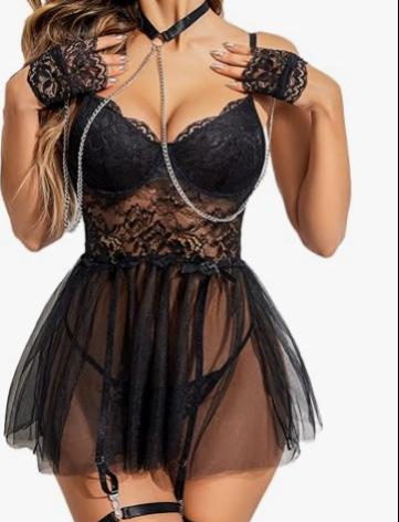Sexy lingerie, erotic underwear, front-slit nightgown, mesh temptation uniform