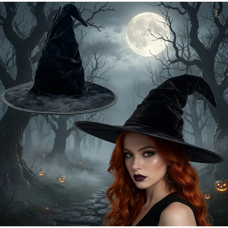 Witch Hat in Pleated Black Velvet, Single Cloth Headwear for Halloween Masquerade and Wizard Cosplay, Single Hat, Headwear Accessory, One Size