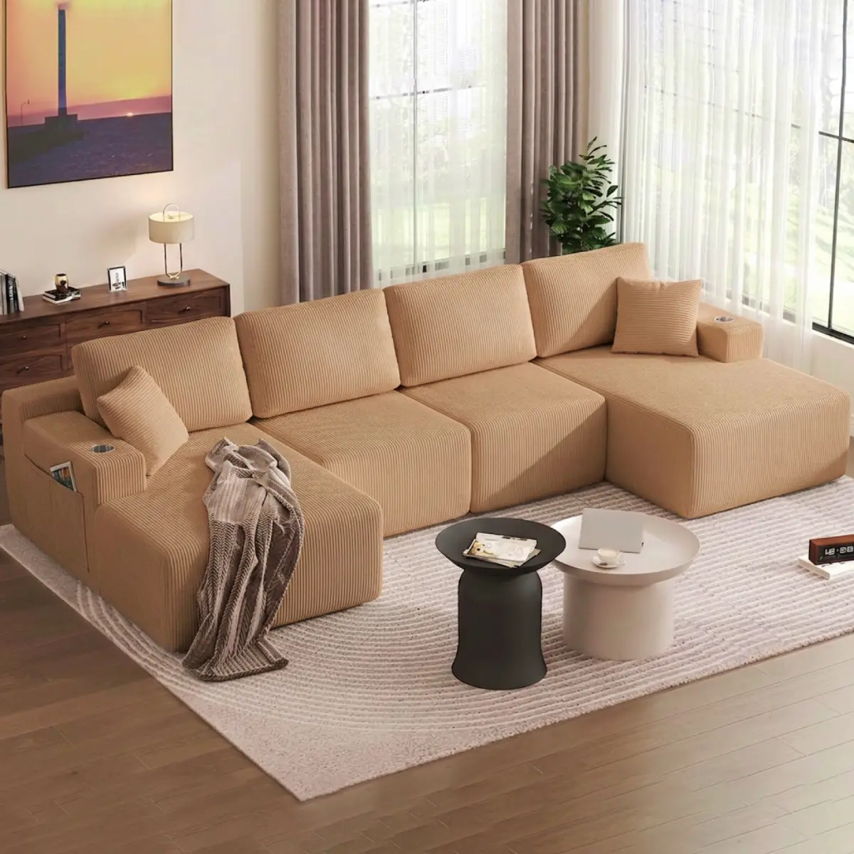130" Oversized Cloud Couch with Chaise – U-Shaped Corduroy Modular Sectional Sofa, Deep Seat Flexible Seating, Plush Upholstered Couch, No Assembly Needed, Perfect for Living Room