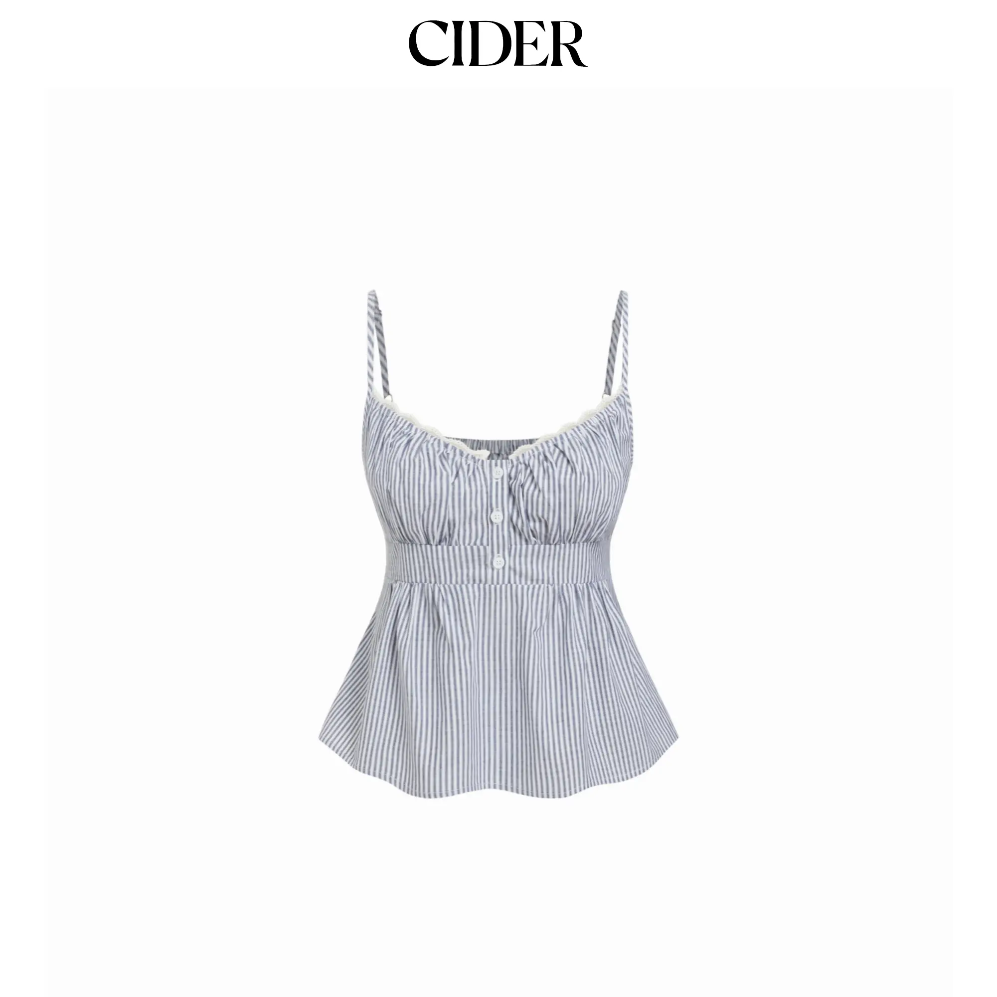 Cider Cotton Stripe V-Neck Lace Panel Button Tie Back Peplum Cami Top Casual Fitted SummerWins SummerFinds