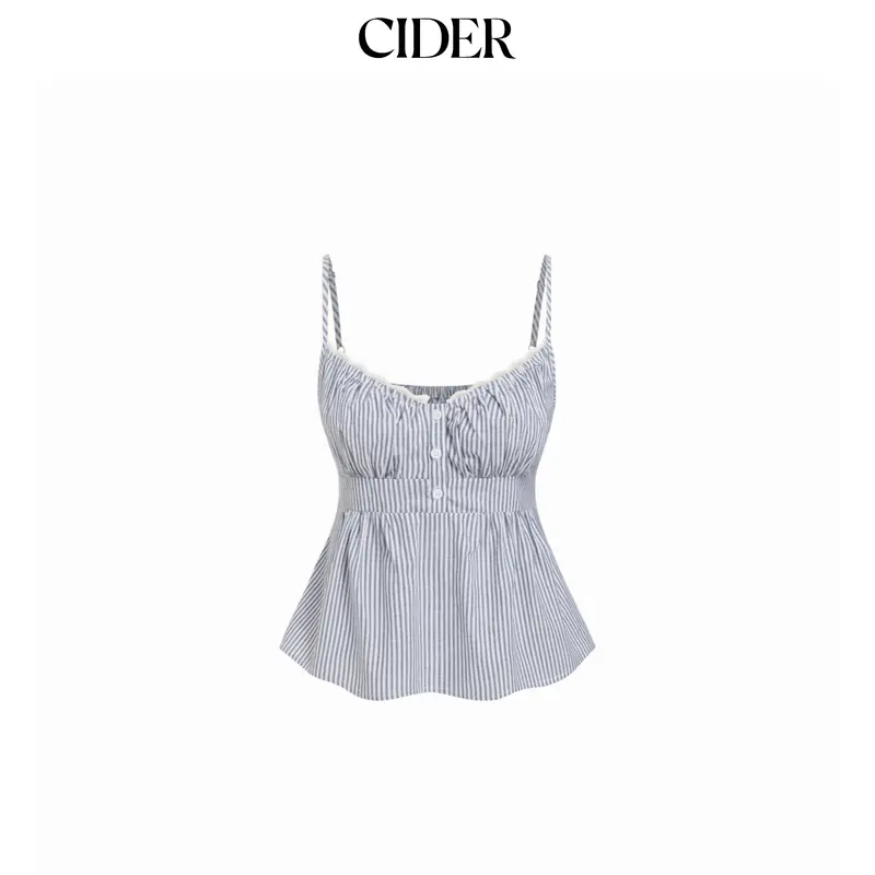 Cider Cotton Stripe V-Neck Lace Panel Button Tie Back Peplum Cami Top Casual Fitted