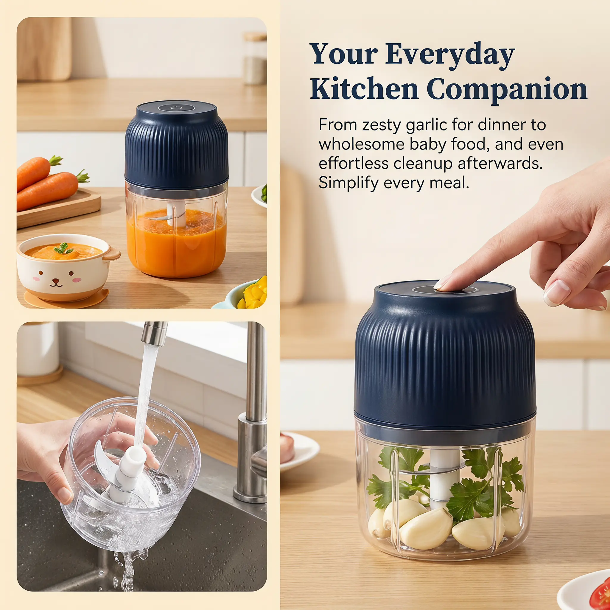 USB Rechargeable Mini Electric Food Chopper & Meat Grinder, Portable Lithium Battery Garlic Masher for Meat, Onion, Ginger, Chili & Veggies, Bonus Raccoon Shaped Cheese Grater and Lychee Peeler Kitchen Tools