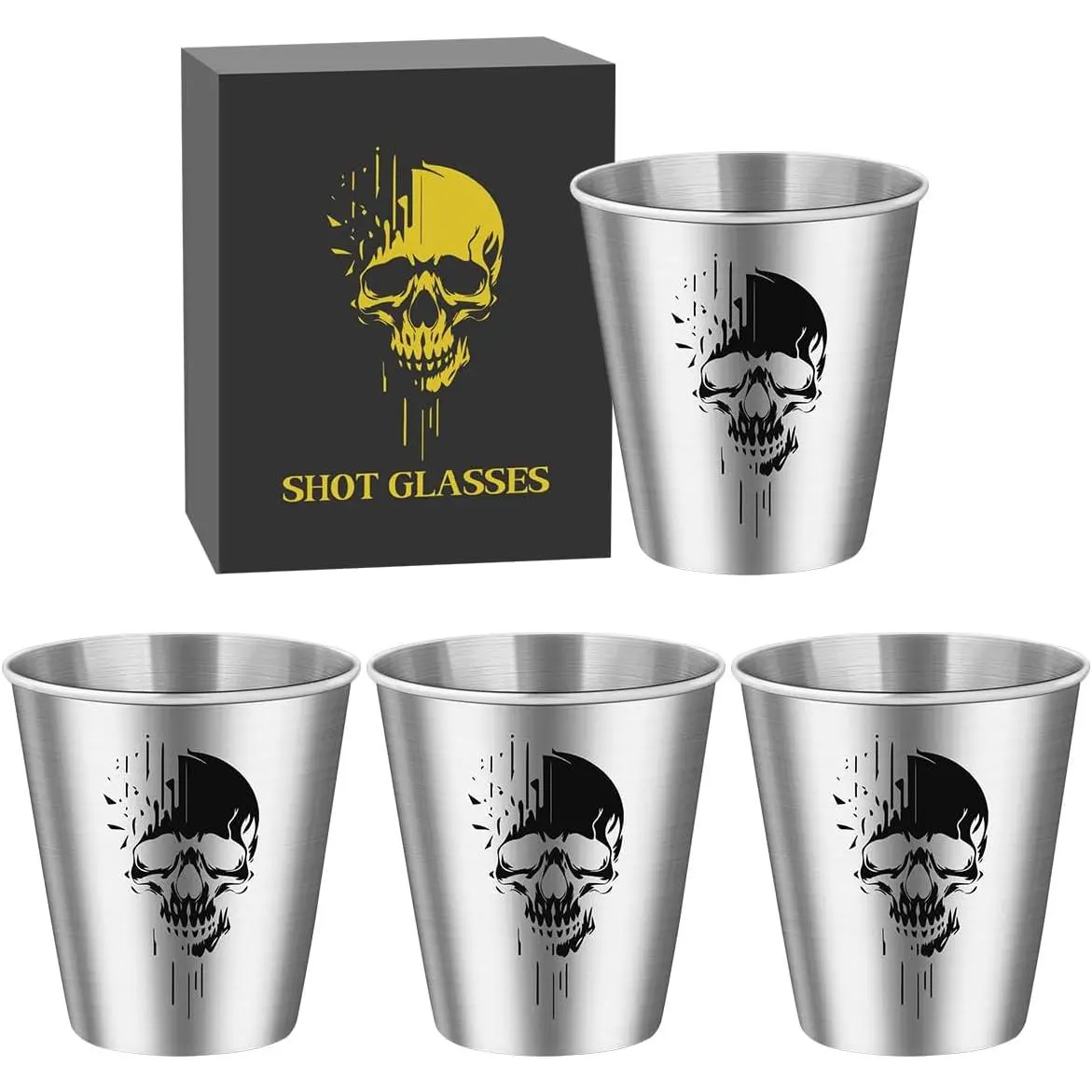 Stainless Steel Shot Glasses with Black Skull, Set of 4, 70 ml, with  Box, Stackable Drinking Cup, Party Cup, Father's Day , Gifts for Gothic Fan, Wedding, Birthdays, Picnic, Camping