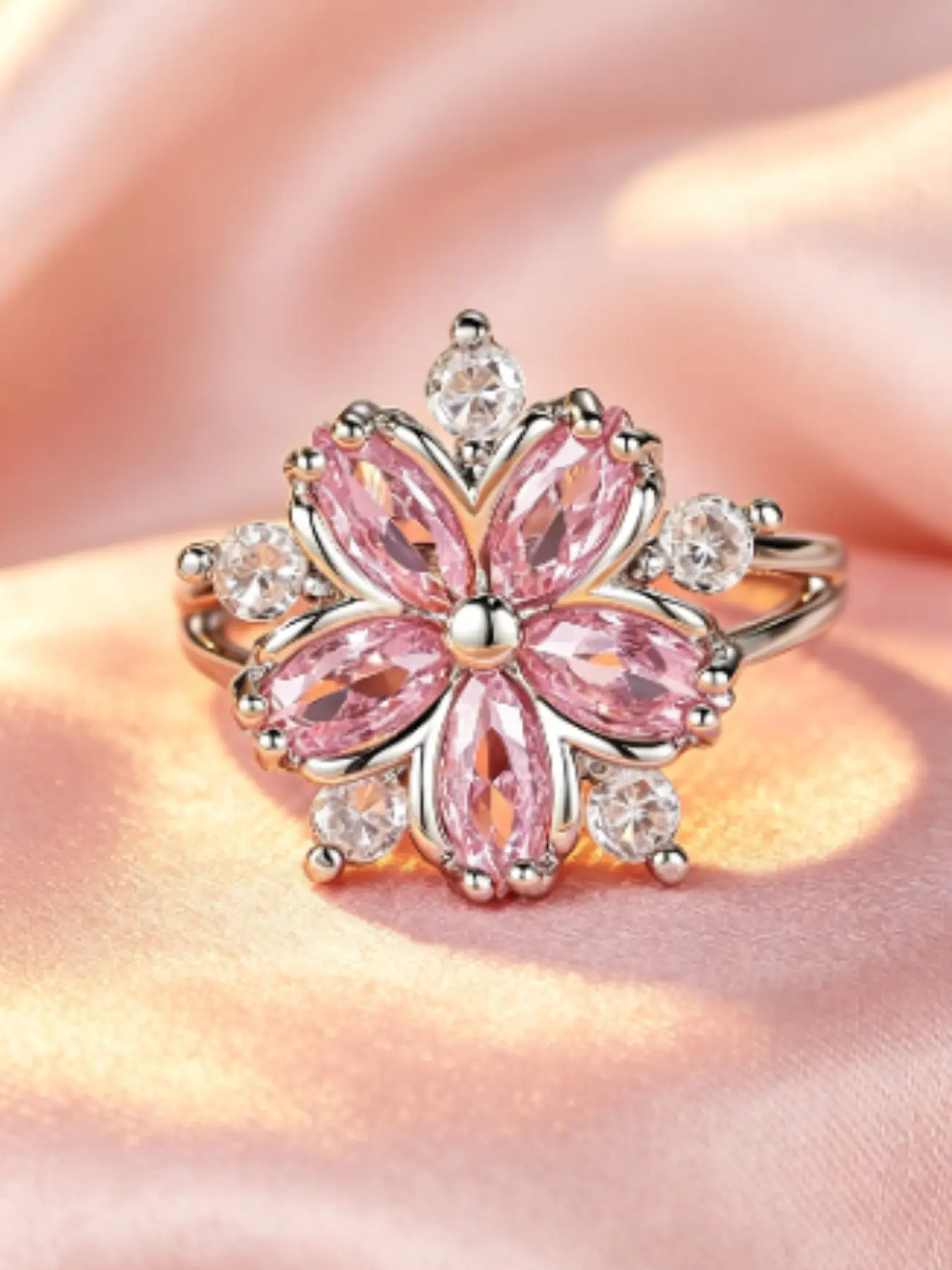 Elegant Artificial Zircon Ring for Women, Synthetic Zircon Rings, Romantic Cherry Blossom Design, High-End Jewelry Gift for Anniversary and Valentine's Day